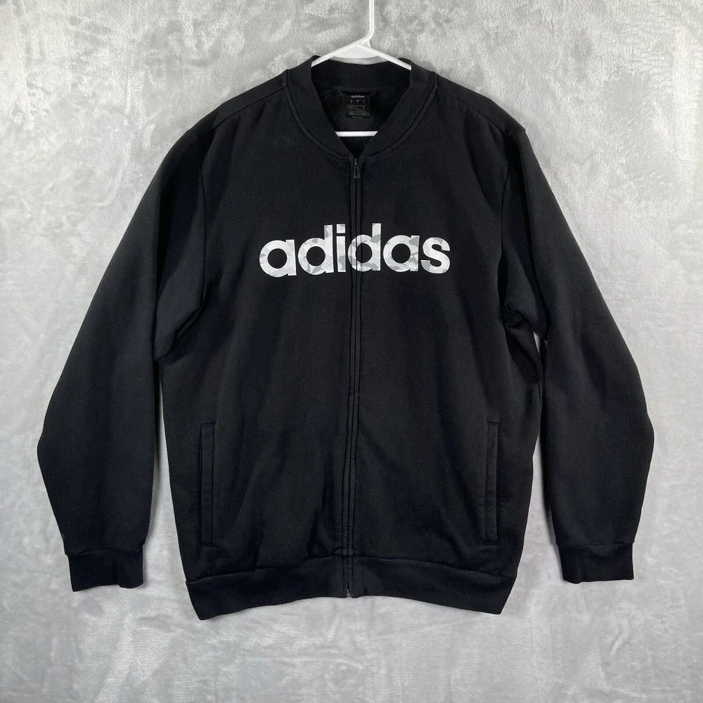 Adidas Sweatshirt Mens XL Full Zip Long Sleeve Side Pockets Gray Camo Spellout